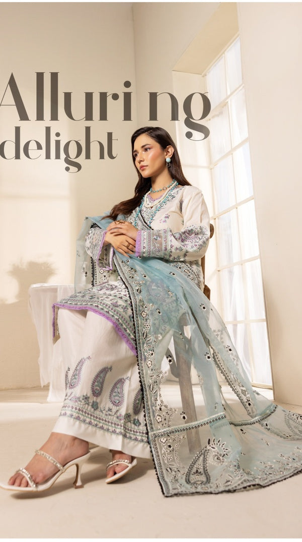White Thread Embroidered Palazzo Suit with Organza Dupatta