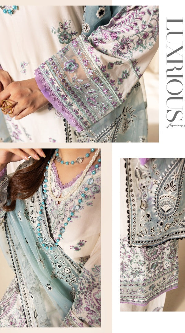 White Thread Embroidered Palazzo Suit with Organza Dupatta