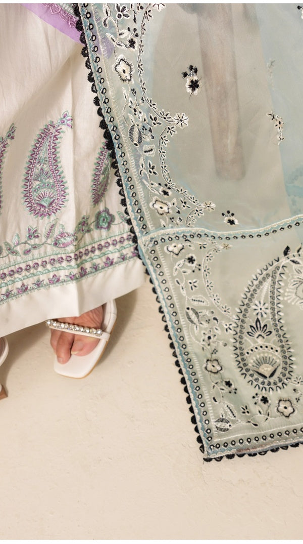 White Thread Embroidered Palazzo Suit with Organza Dupatta