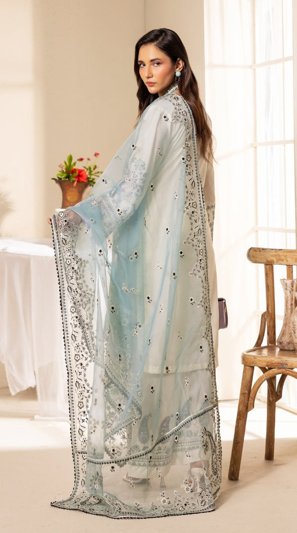 White Thread Embroidered Palazzo Suit with Organza Dupatta
