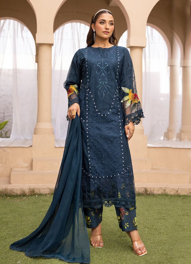 Buy Midnight Blue Lawn Chikankari Trouser Suit Set