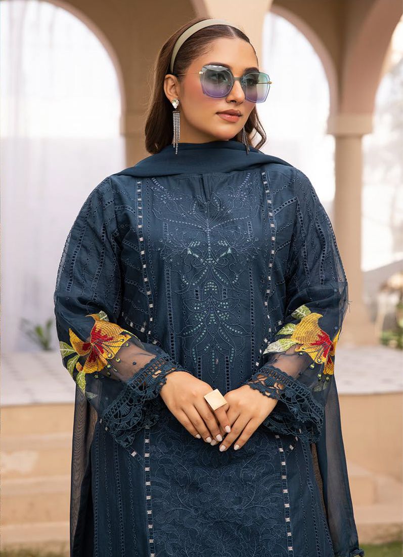 Buy Midnight Blue Lawn Chikankari Trouser Suit Set