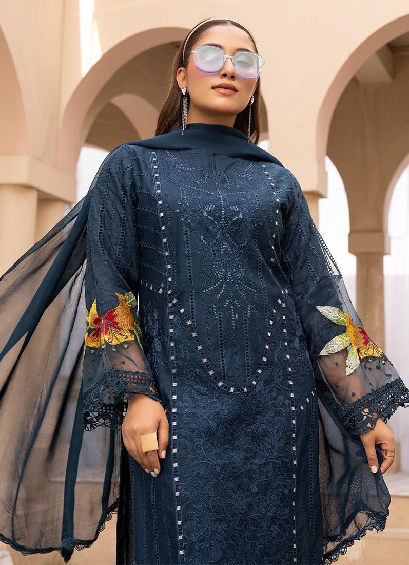 Buy Midnight Blue Lawn Chikankari Trouser Suit Set