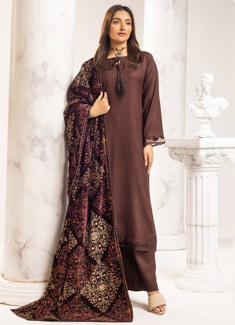 Buy Chocolate Brown Velvet Embroidery Shawl Suit Set