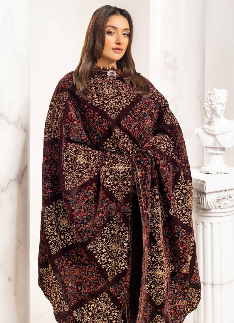 Buy Chocolate Brown Velvet Embroidery Shawl Suit Set