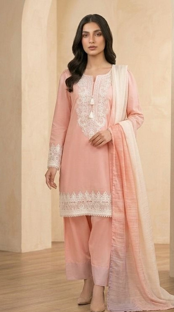 Light Pink Farshi Salwar Suit with White Embroidered Lace