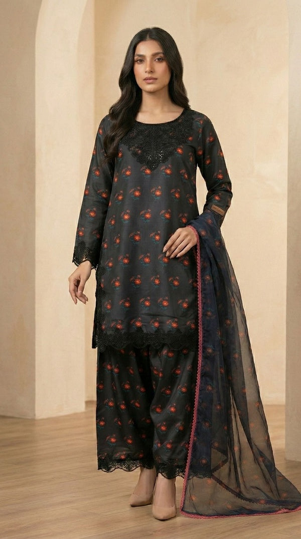 Black Farshi Salwar Suit with Embroidered Lace & Black Organza Dupatta