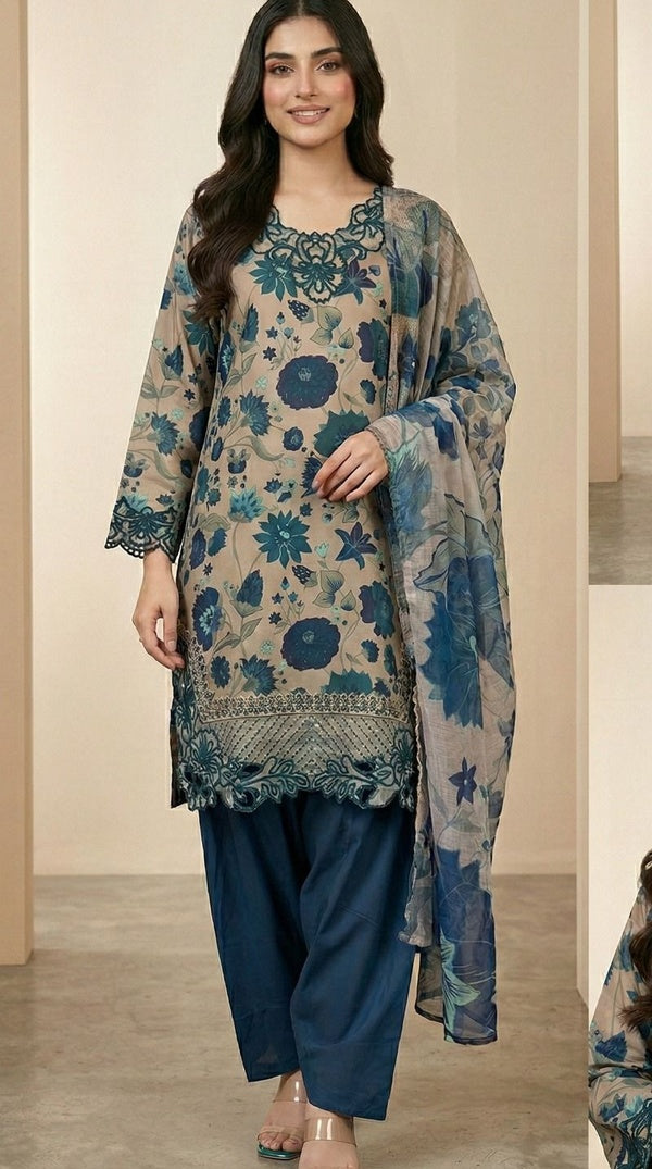 Blue Digital Print Farshi Salwar Suit with Cutwork Embroidery