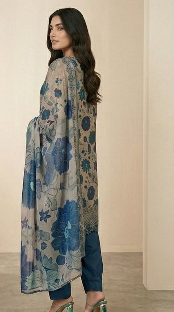 Blue Digital Print Farshi Salwar Suit with Cutwork Embroidery