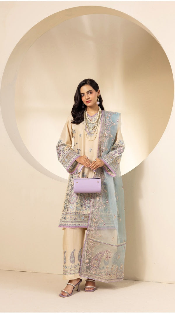 Cream Thread Embroidered Palazzo Suit with Organza Dupatta