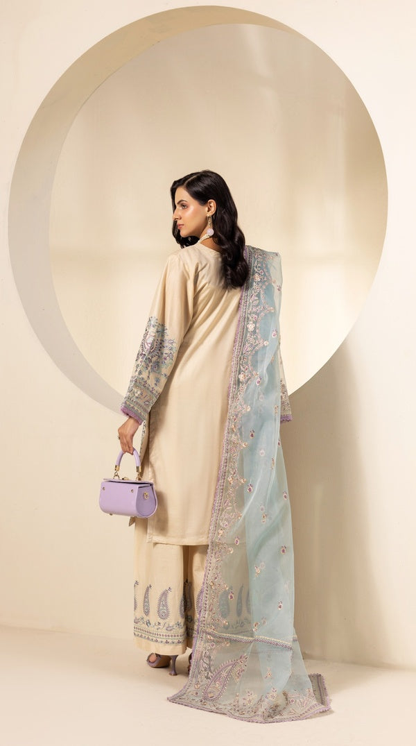 Cream Thread Embroidered Palazzo Suit with Organza Dupatta