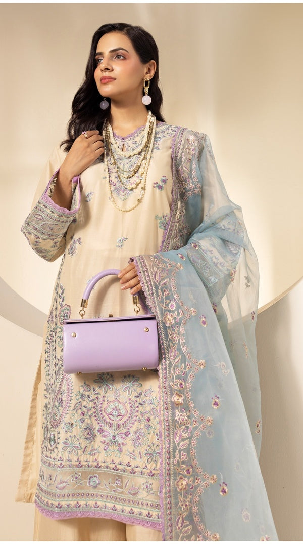 Cream Thread Embroidered Palazzo Suit with Organza Dupatta