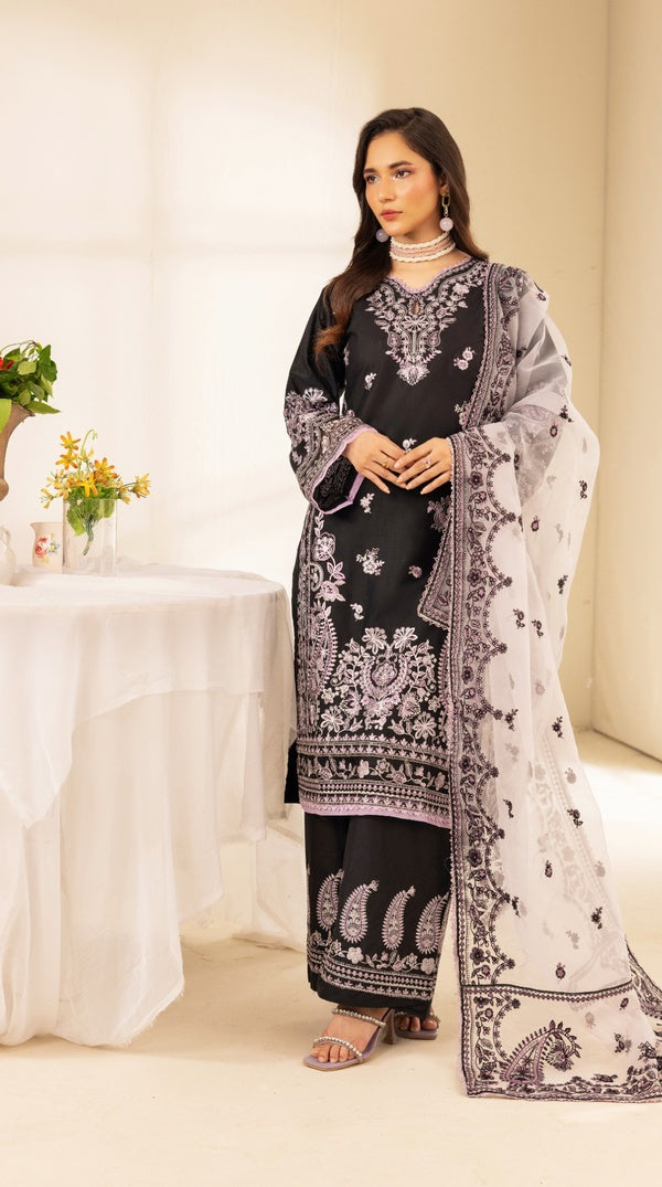 Black Linen Embroidered Palazzo Suit with Organza Dupatta