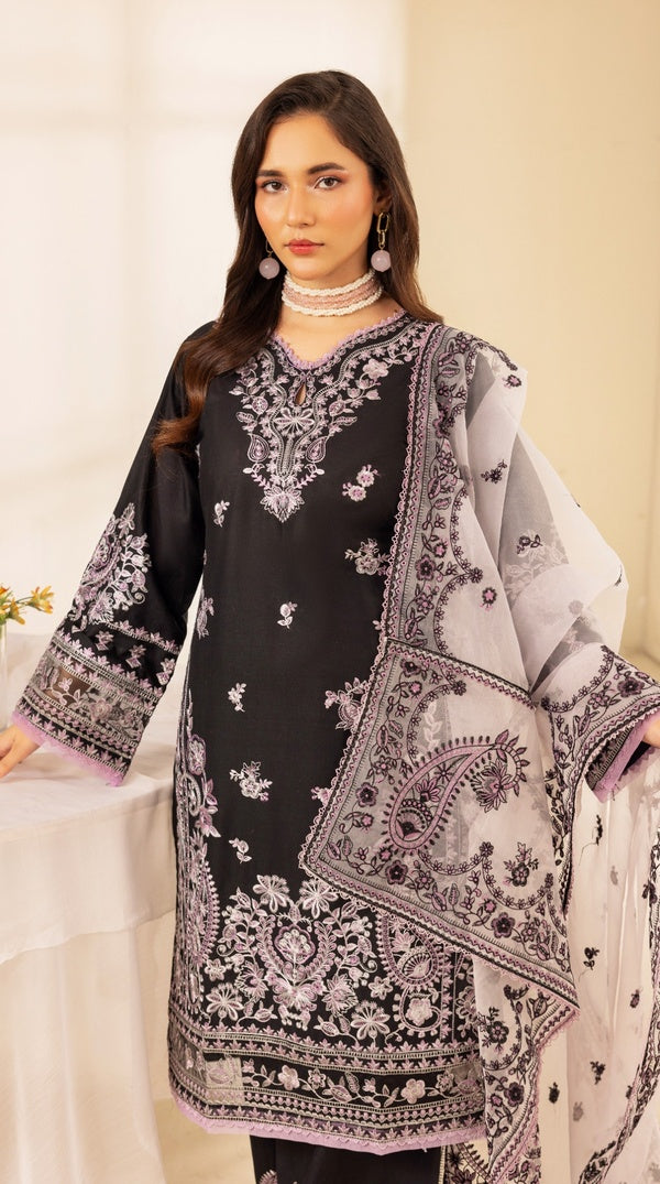 Black Linen Embroidered Palazzo Suit with Organza Dupatta