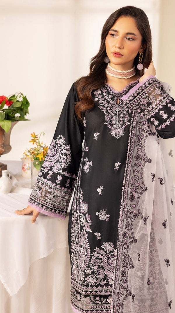 Black Linen Embroidered Palazzo Suit with Organza Dupatta