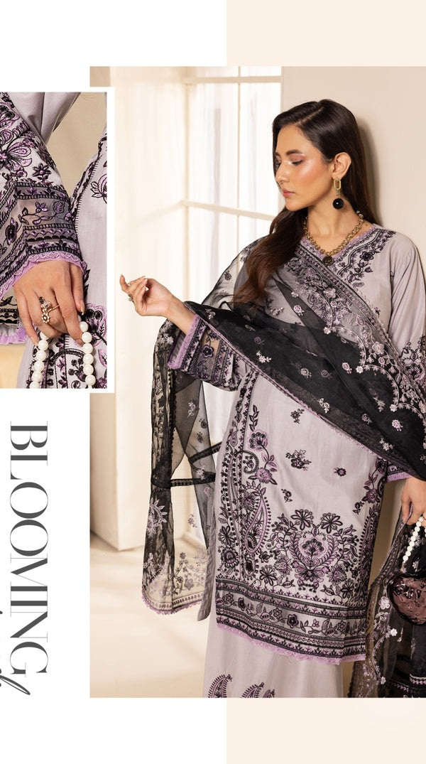 Grey Linen Embroidered Palazzo Suit with Organza Dupatta