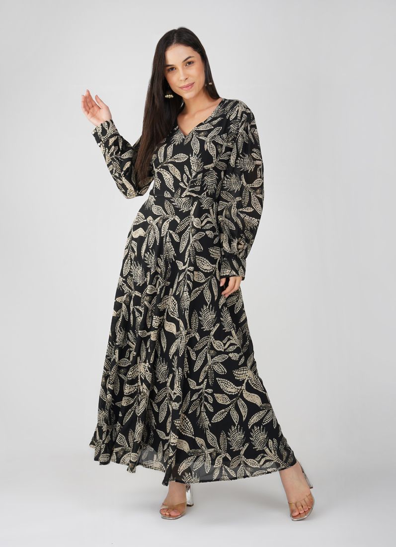 Buy Black Foliage Print Long Dress