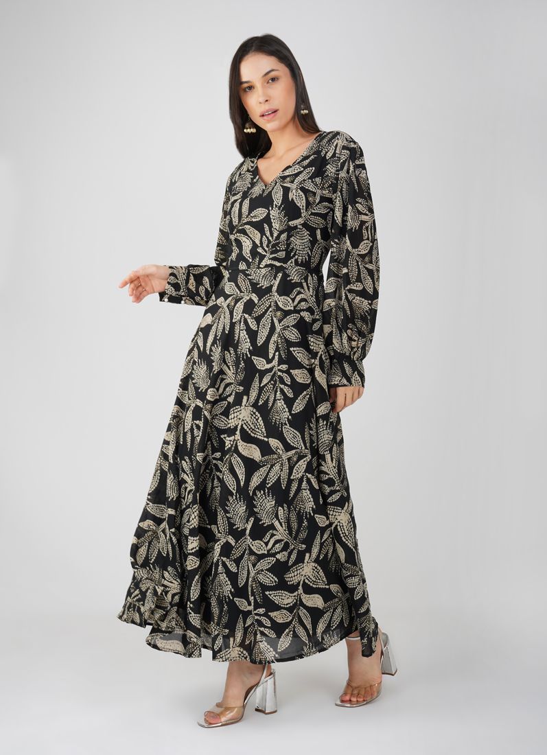 Buy Black Foliage Print Long Dress