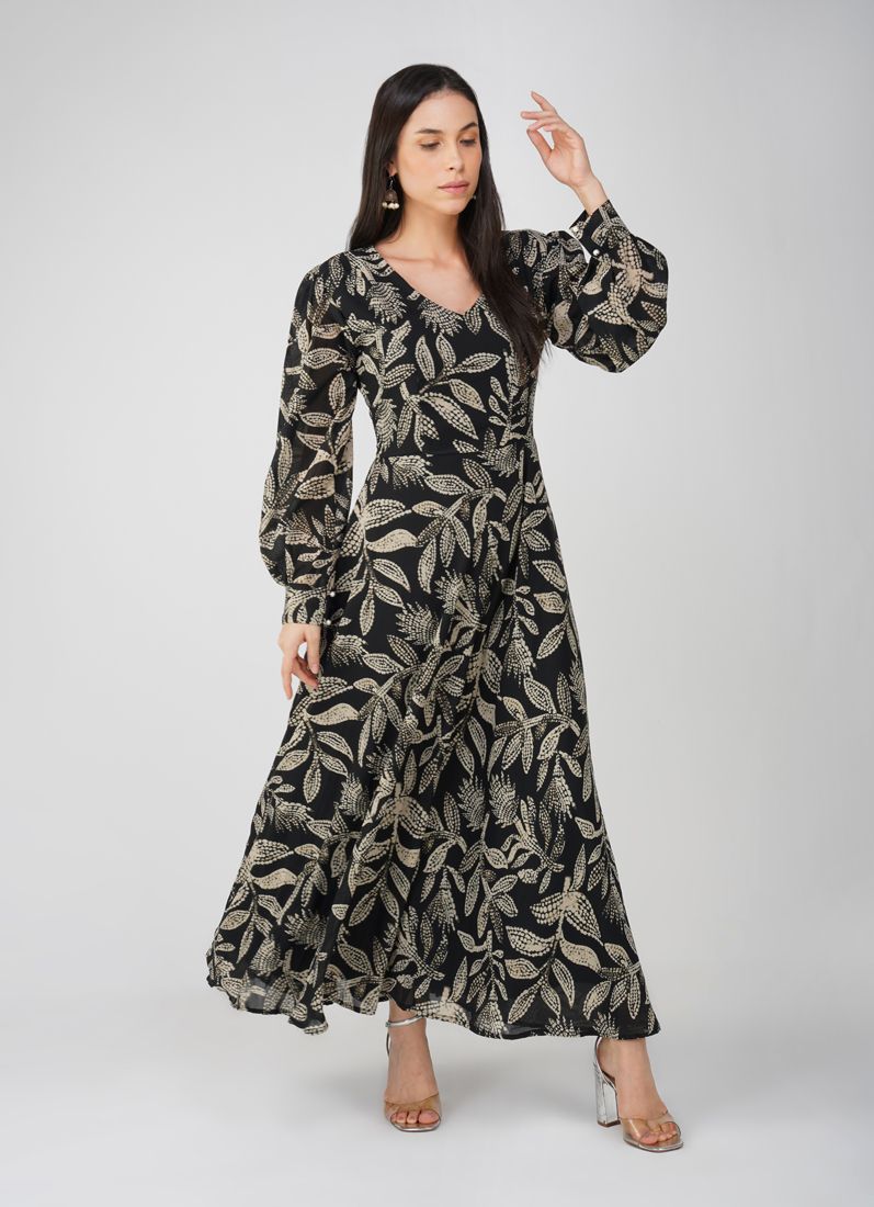 Buy Black Foliage Print Long Dress