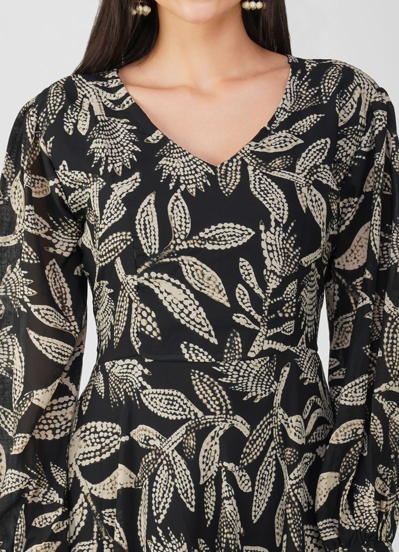 Buy Black Foliage Print Long Dress