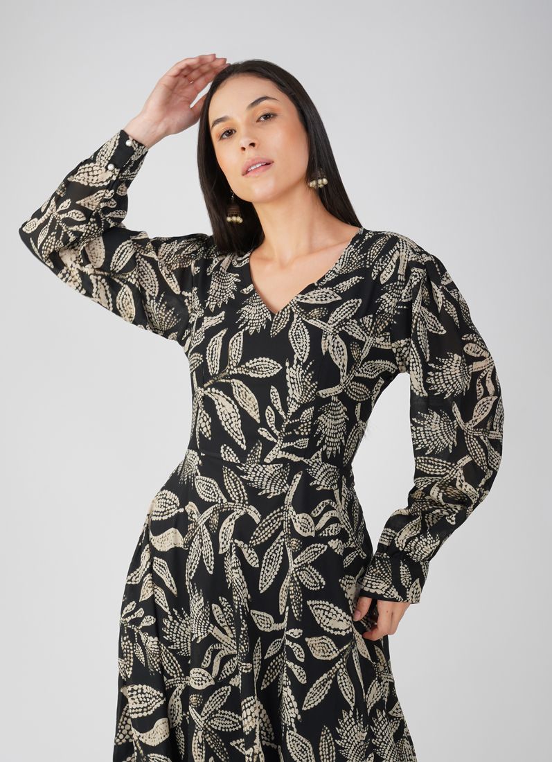 Buy Black Foliage Print Long Dress