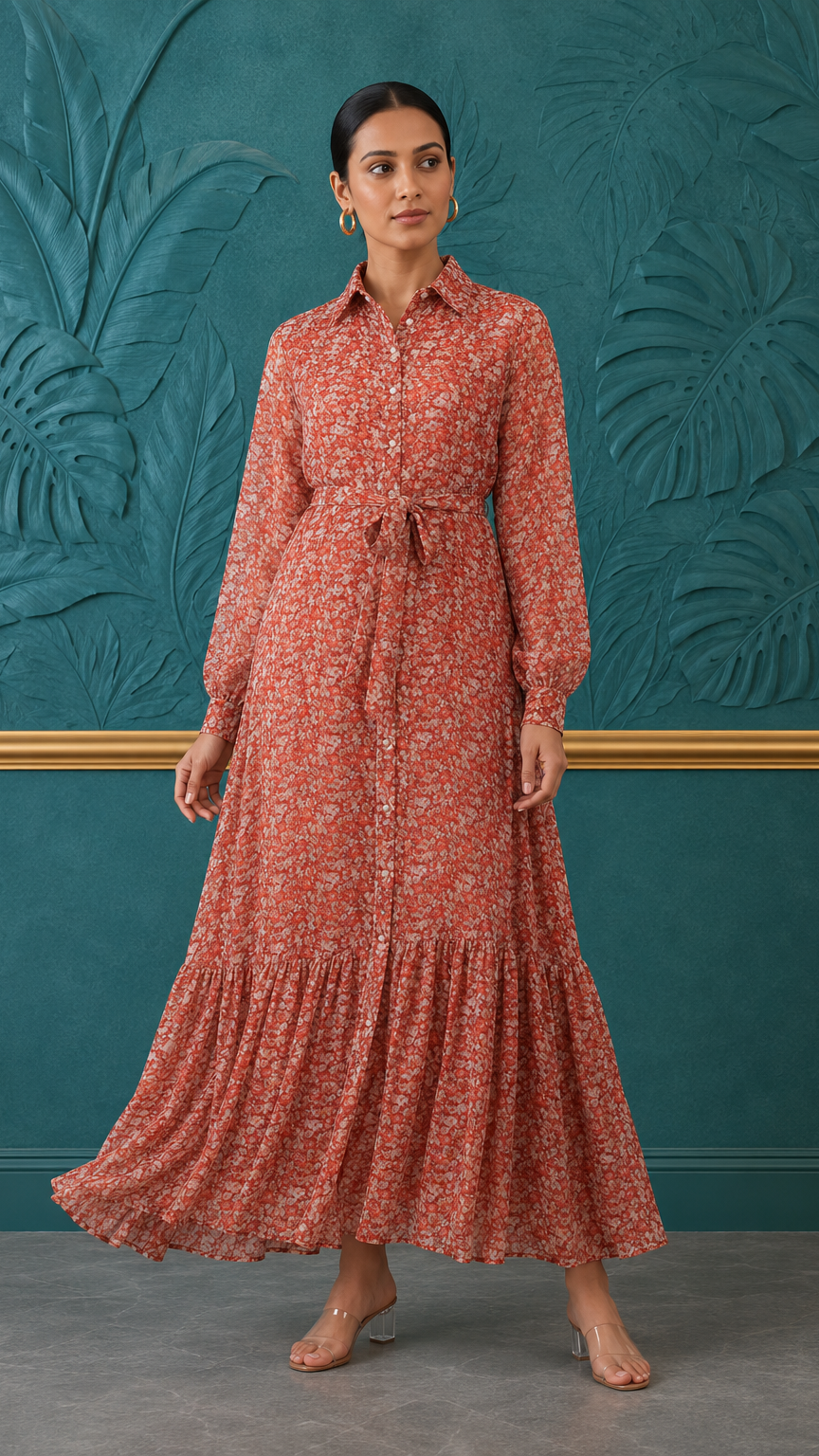Rust orange women’s floral maxi shirt dress with long sleeves, button front and waist tie, modest Asian fashion by Diya Online