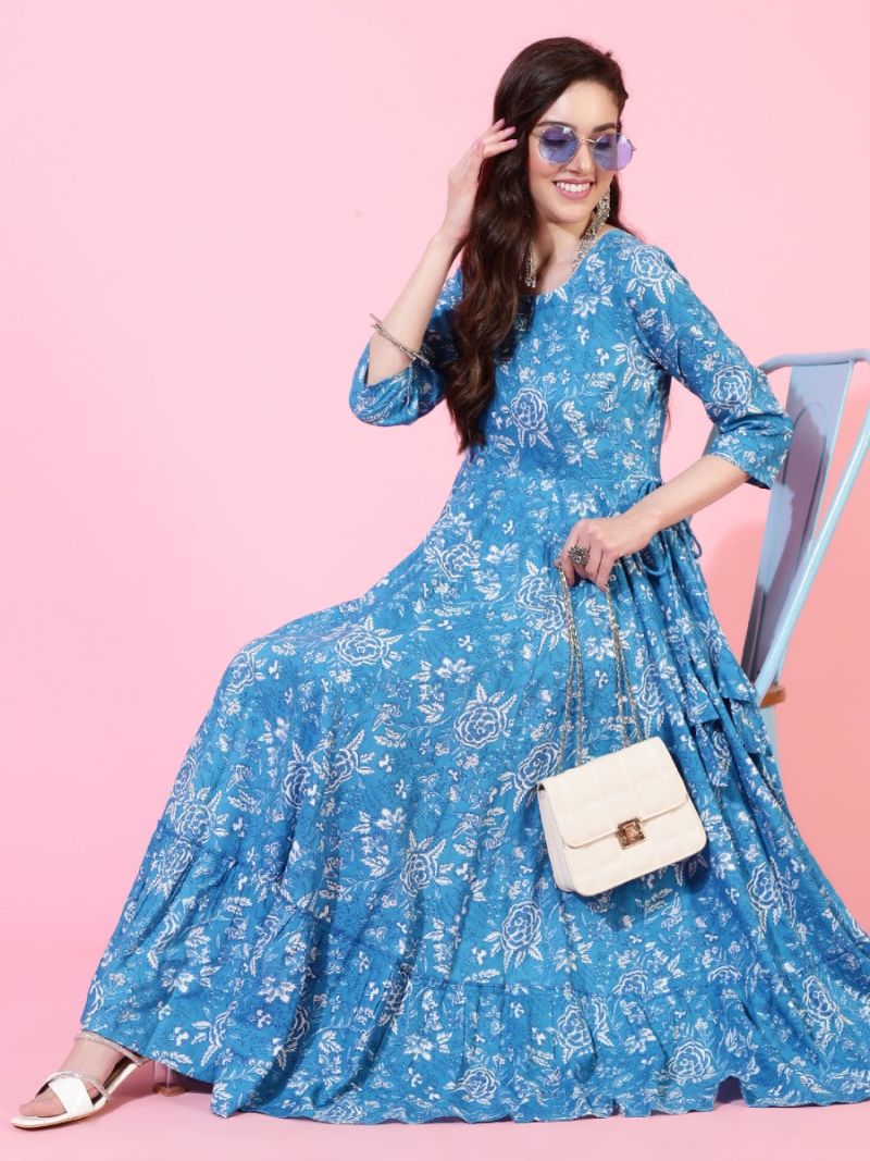 Buy Blue Rayon Bias Cut Tier Dress