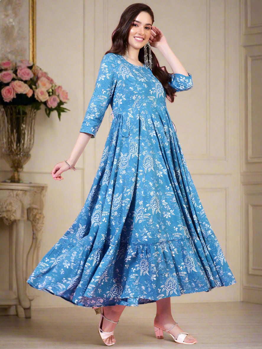 Buy Blue Rayon Bias Cut Tier Dress in UK