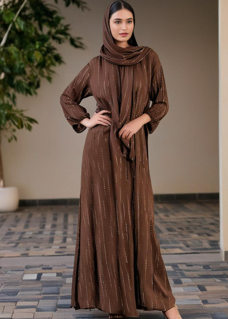 Brown Full-Length Hijab Dress With Attached Scarf