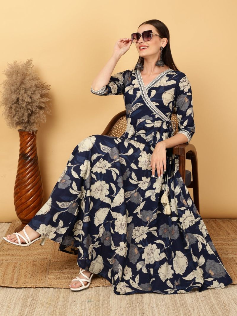 Buy Rayon Navy Blue Printed Dress
