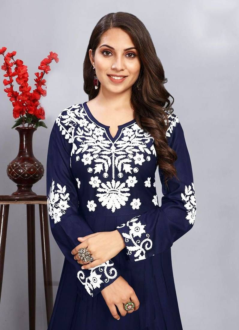 Buy Navy Blue Rayon Bias Cut Thread Work Dress