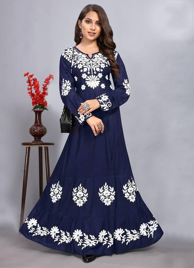 Buy Navy Blue Rayon Bias Cut Thread Work Dress