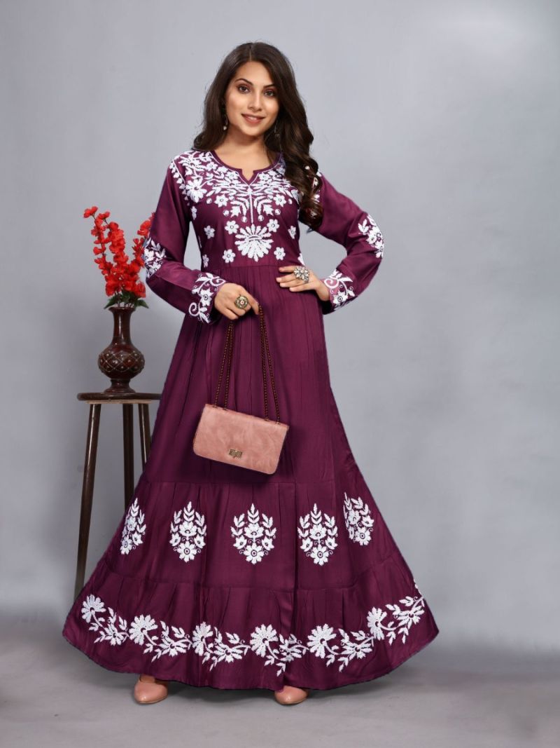 Wine Rayon Bias Cut Thread Work Dress