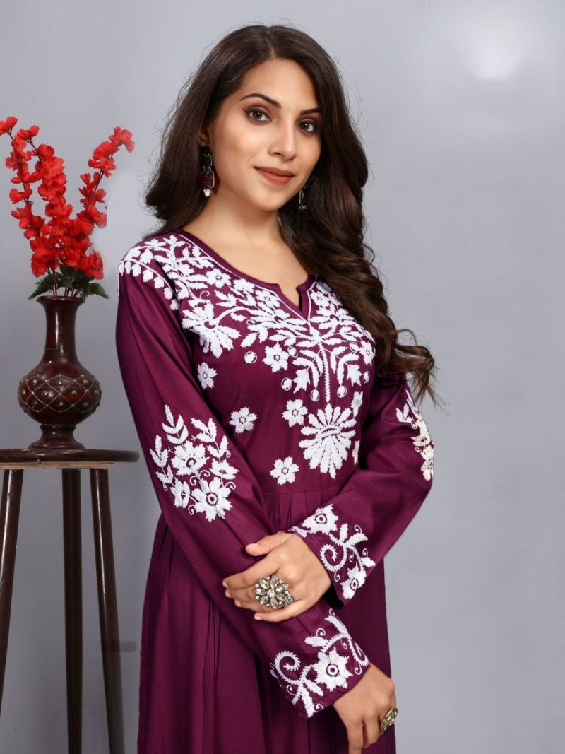 Wine Rayon Bias Cut Thread Work Dress