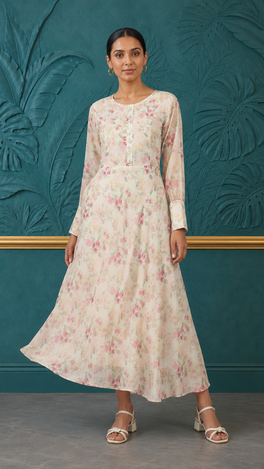 Ivory pink women’s floral printed maxi kurta dress with long sleeves and flared hem, modest Asian ethnic wear by Diya Online