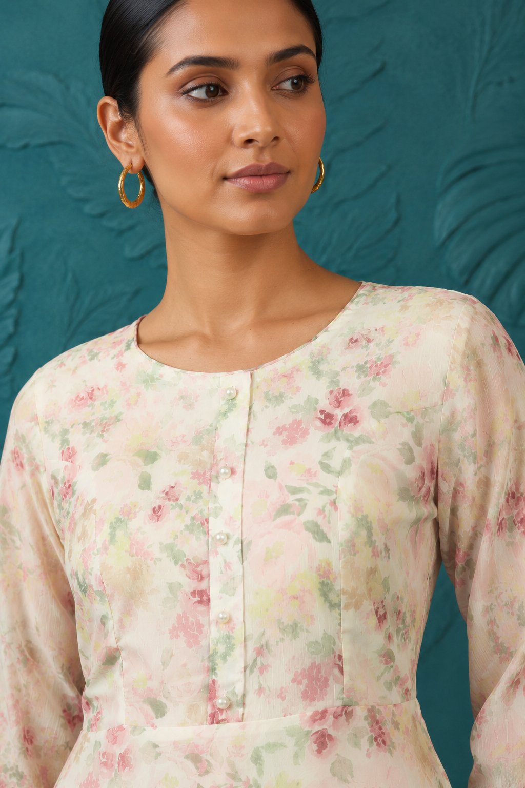 Ivory pink women’s floral printed maxi kurta dress with long sleeves and flared hem, modest Asian ethnic wear by Diya Online