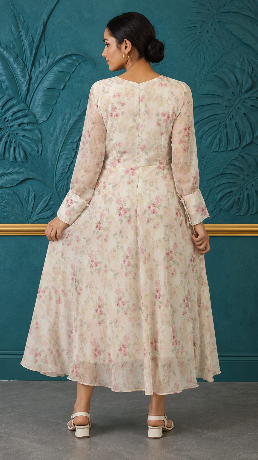 Ivory pink women’s floral printed maxi kurta dress with long sleeves and flared hem, modest Asian ethnic wear by Diya Online
