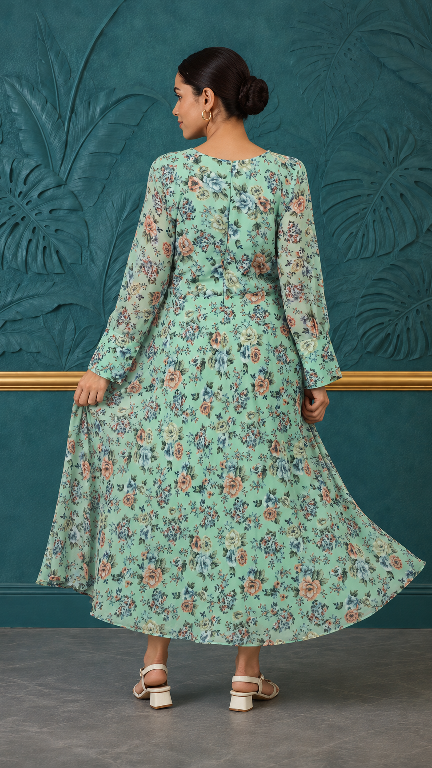 Mint green women’s floral printed maxi kurta dress with long sleeves and flared hem, modest Asian ethnic wear by Diya Online