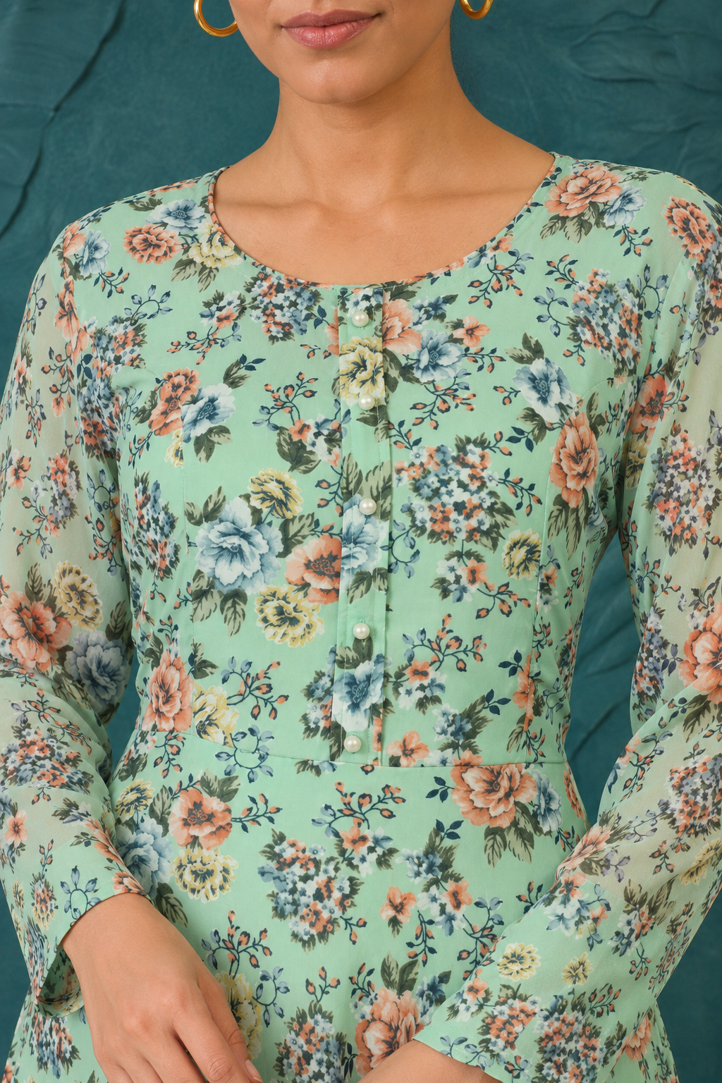 Mint green women’s floral printed maxi kurta dress with long sleeves and flared hem, modest Asian ethnic wear by Diya Online