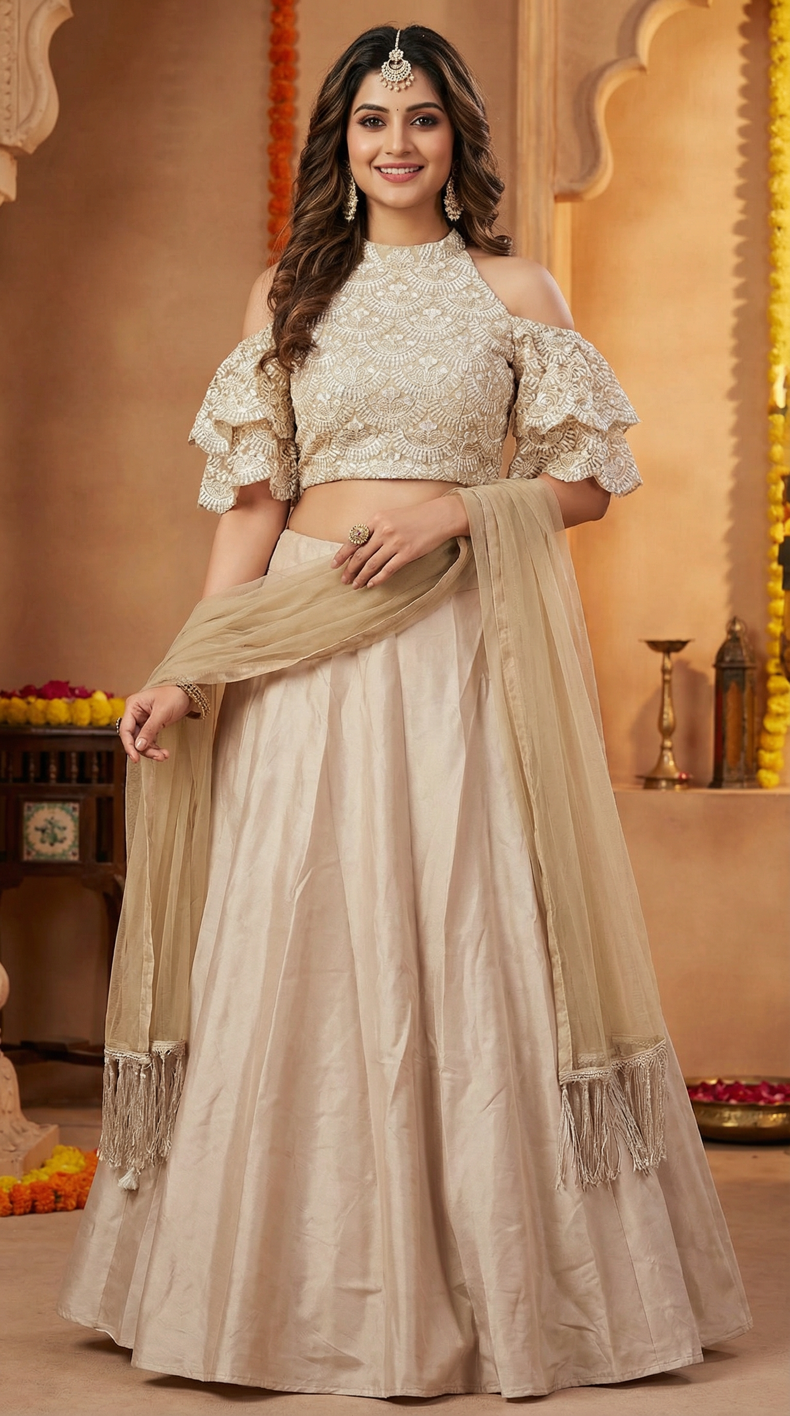 Beige Cold Shoulder Lehenga Set
