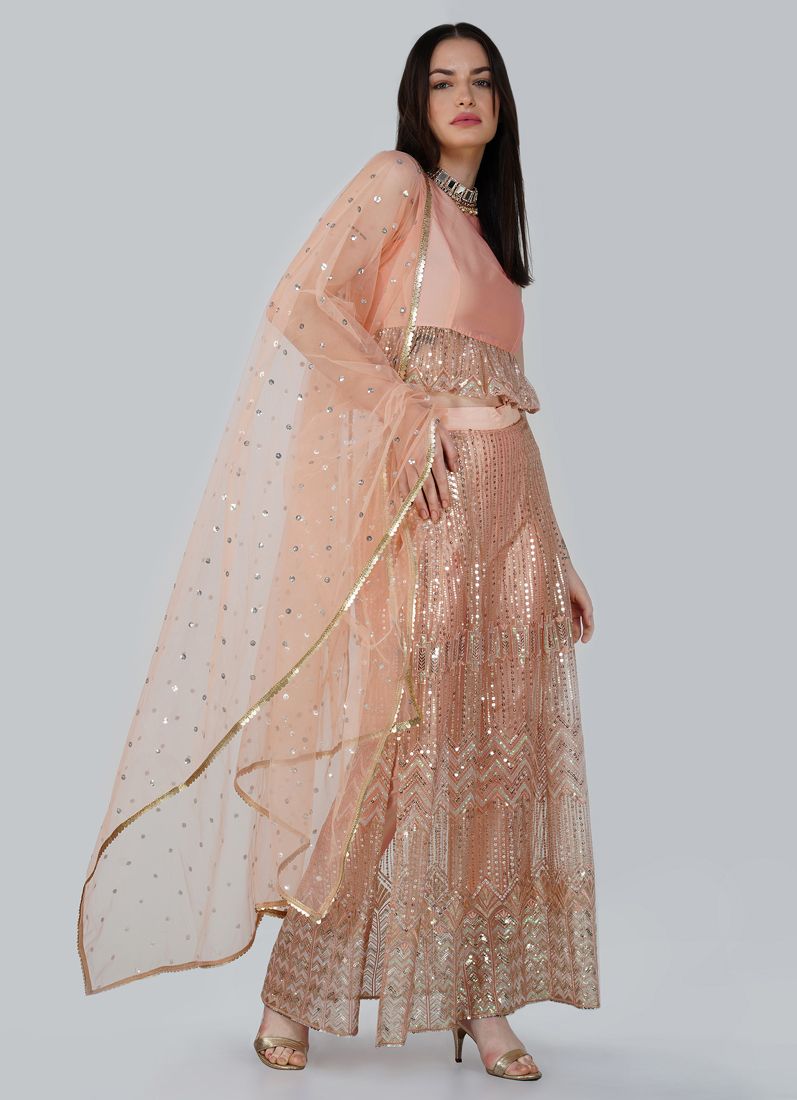 Buy Peach Taffeta Trouser Skirt Set