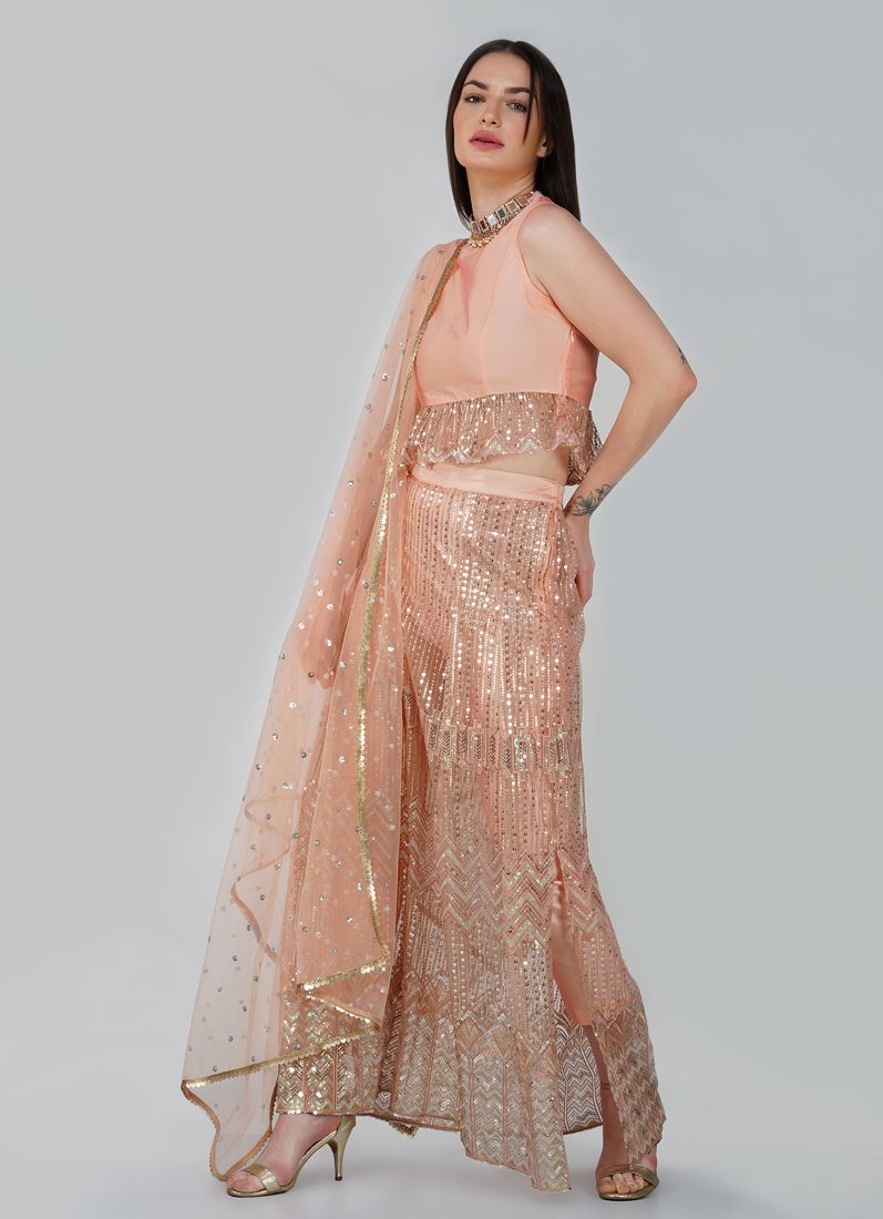 Buy Peach Taffeta Trouser Skirt Set