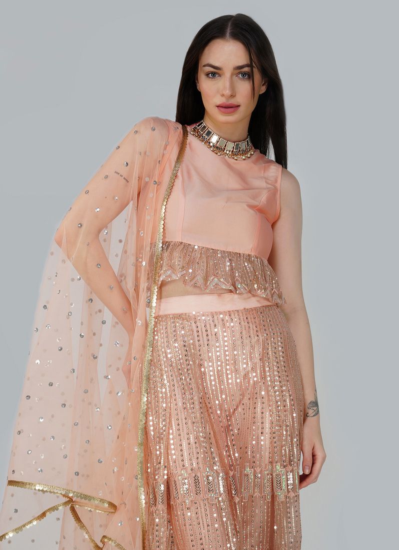 Buy Peach Taffeta Trouser Skirt Set