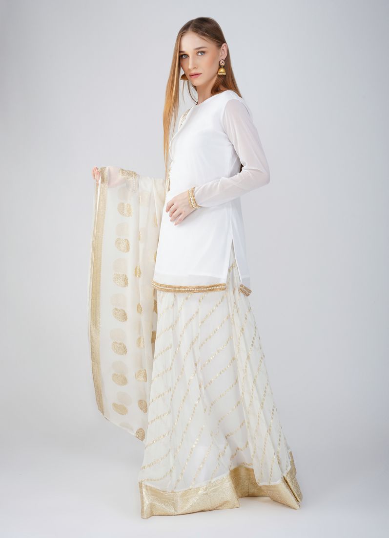 Buy Ivory Georgette Jacquard Lehenga