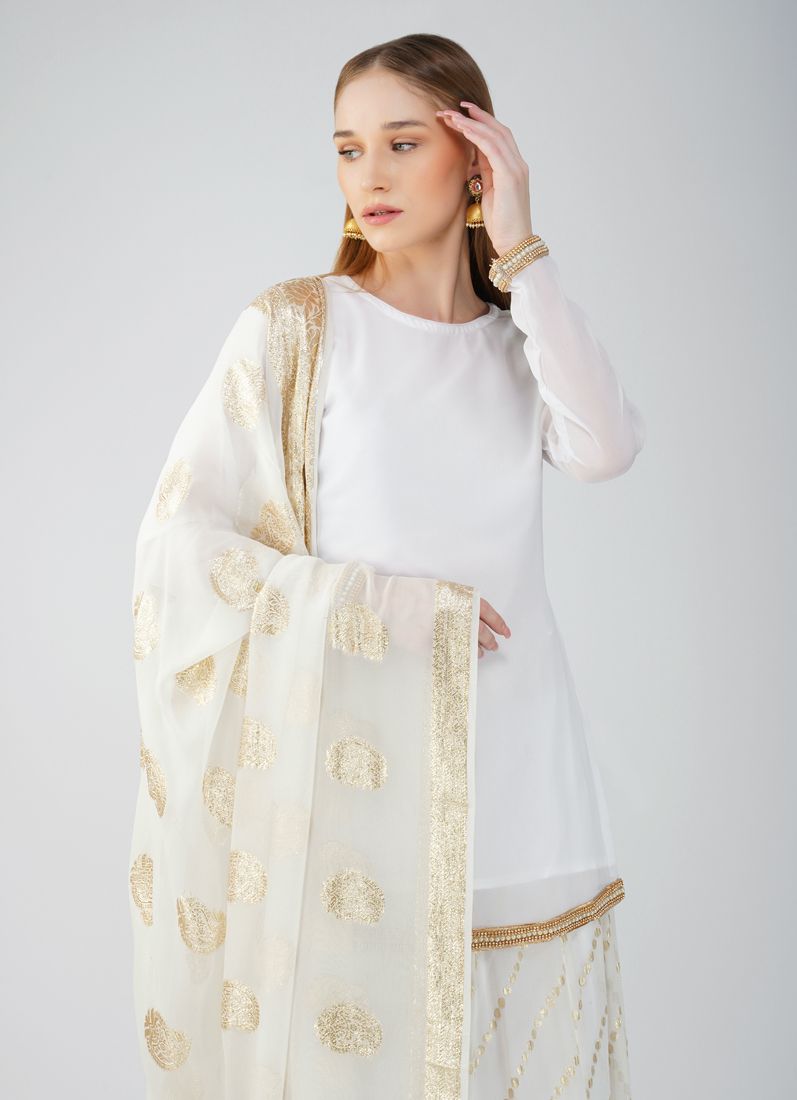 Buy Ivory Georgette Jacquard Lehenga