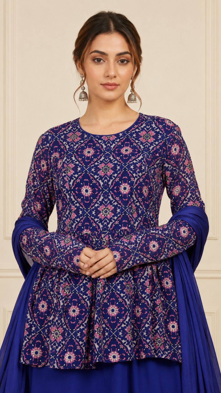 Royal blue women’s printed lehenga suit with peplum kurti, flared skirt and chiffon dupatta, elegant Asian occasion wear by Diya Online