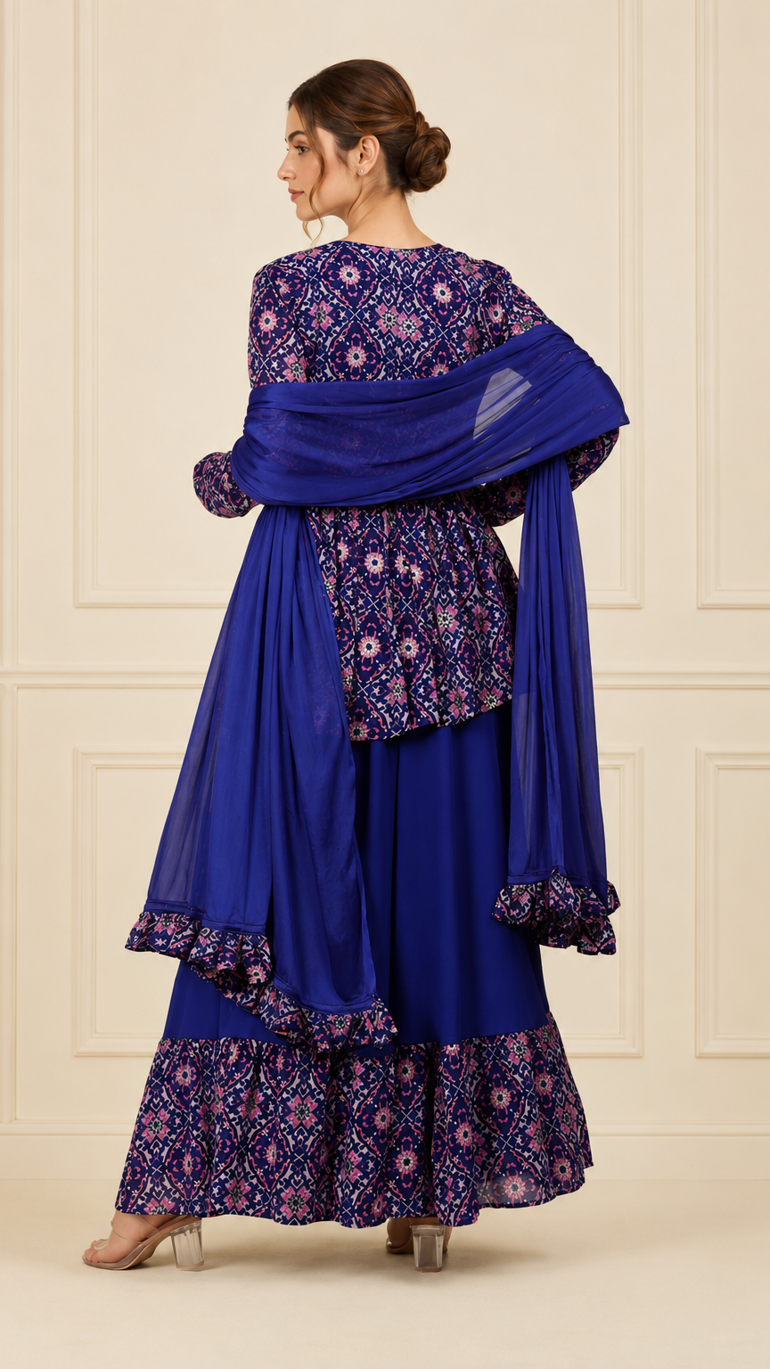 Royal blue women’s printed lehenga suit with peplum kurti, flared skirt and chiffon dupatta, elegant Asian occasion wear by Diya Online