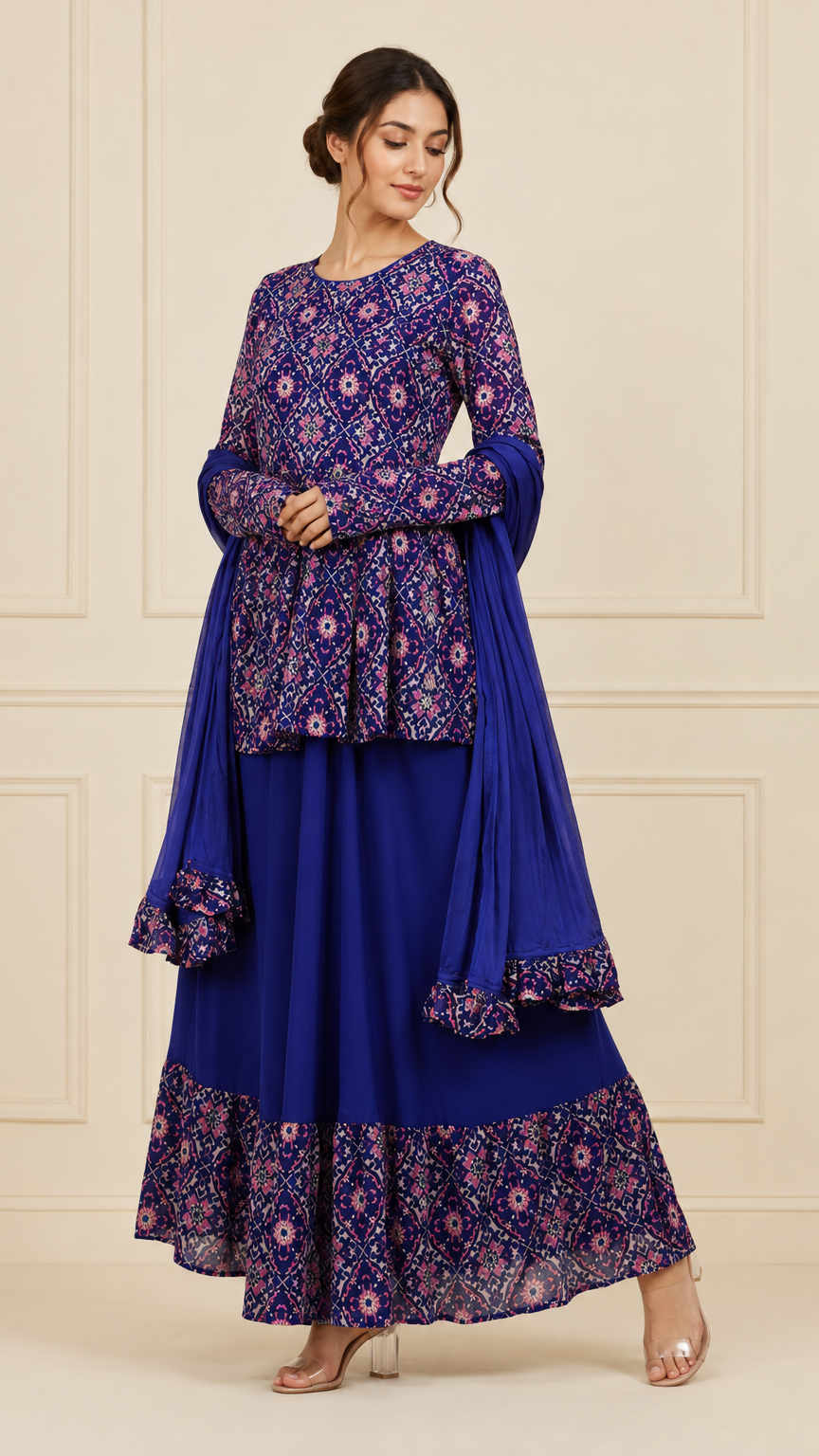 Royal blue women’s printed lehenga suit with peplum kurti, flared skirt and chiffon dupatta, elegant Asian occasion wear by Diya Online