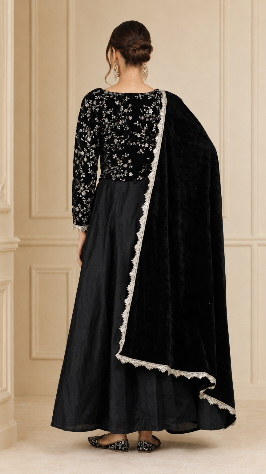 Black women’s embroidered lehenga suit with velvet dupatta, silver embellished blouse and flared skirt, elegant Asian occasion wear by Diya Online