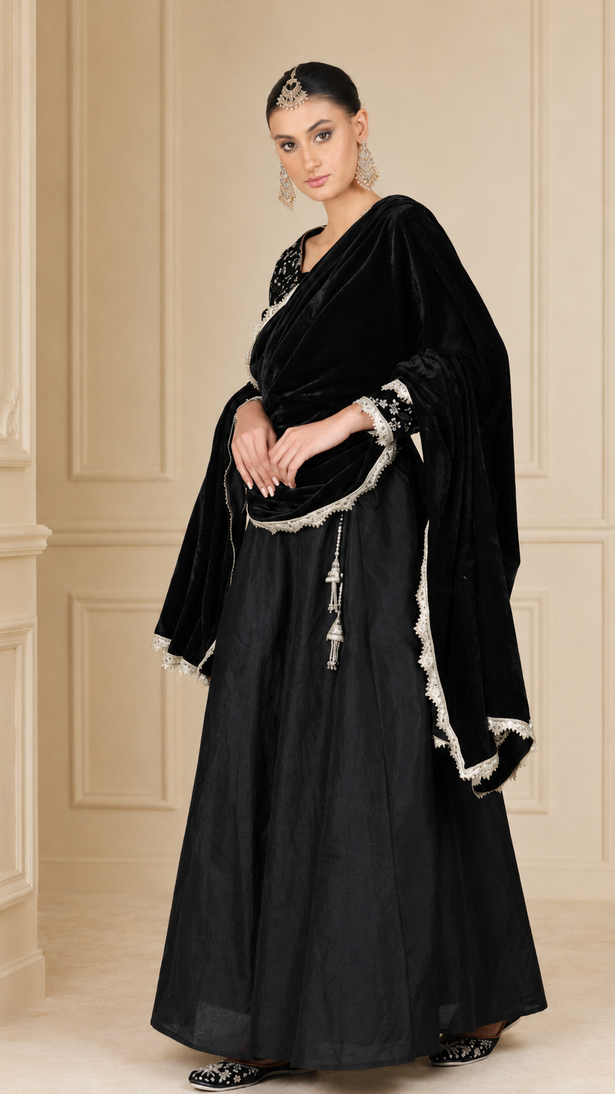 Black women’s embroidered lehenga suit with velvet dupatta, silver embellished blouse and flared skirt, elegant Asian occasion wear by Diya Online